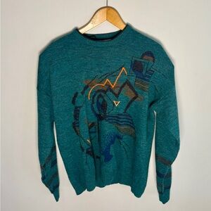 Cambio Italia Vintage Men’s Teal Wool Blend Abstract Crewneck Sweater | XLT
